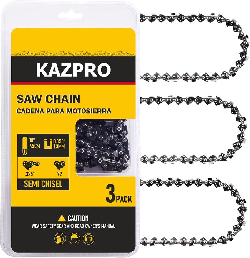 KAZPRO 18 Inch Chainsaw Chain 72 Drive Links, .325" Pitch, 050" Gauge, Low kickback, Lubrication System Chainsaw Blade fits 440 445 340 550xp, SP33G-72 H30-72 581643672, M72 H72 95TXL072G (3 Pack) - Image 1